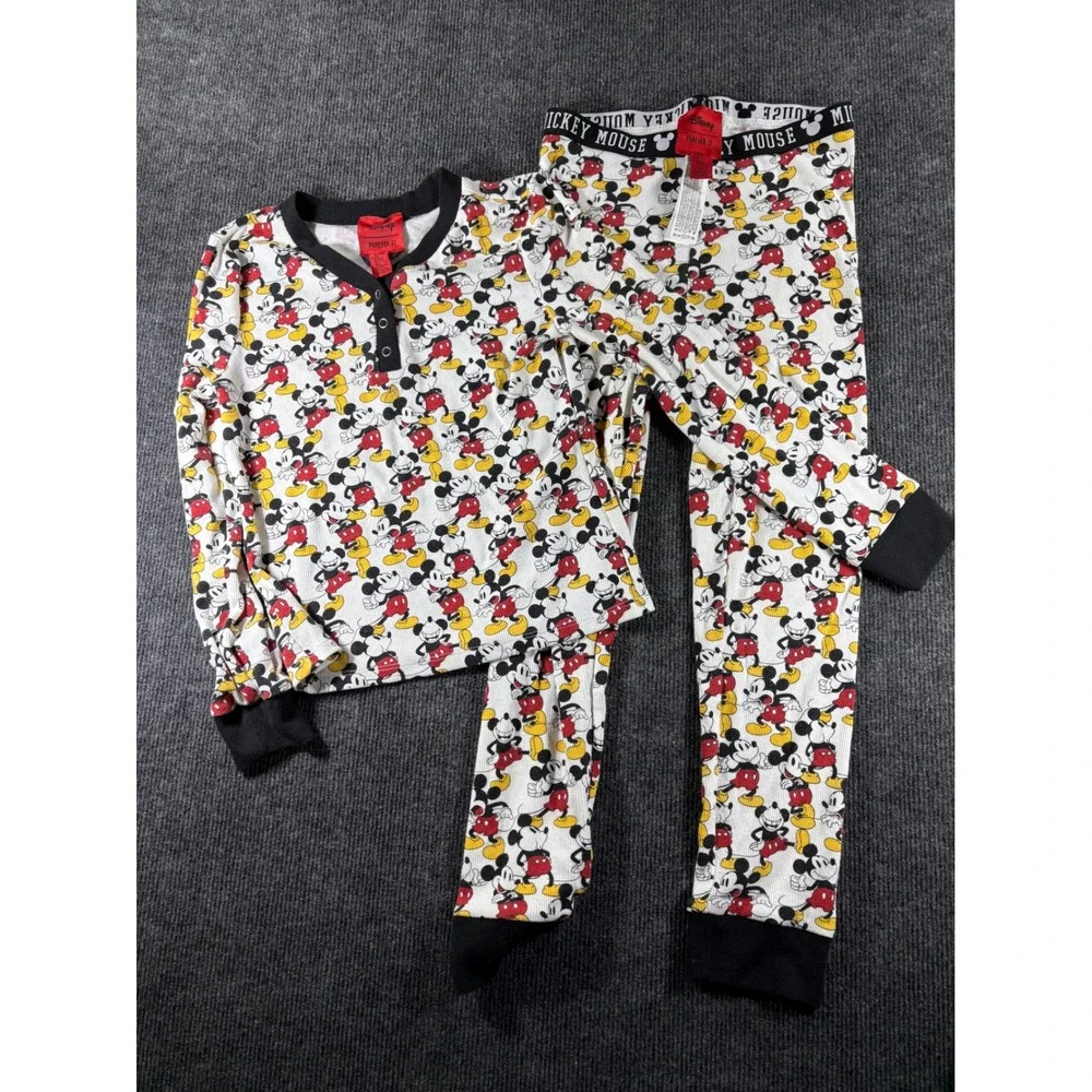 Disney Forever 21 Kid Mickey Mouse Pajama Set White Red Ribbed Henley Size 11/12